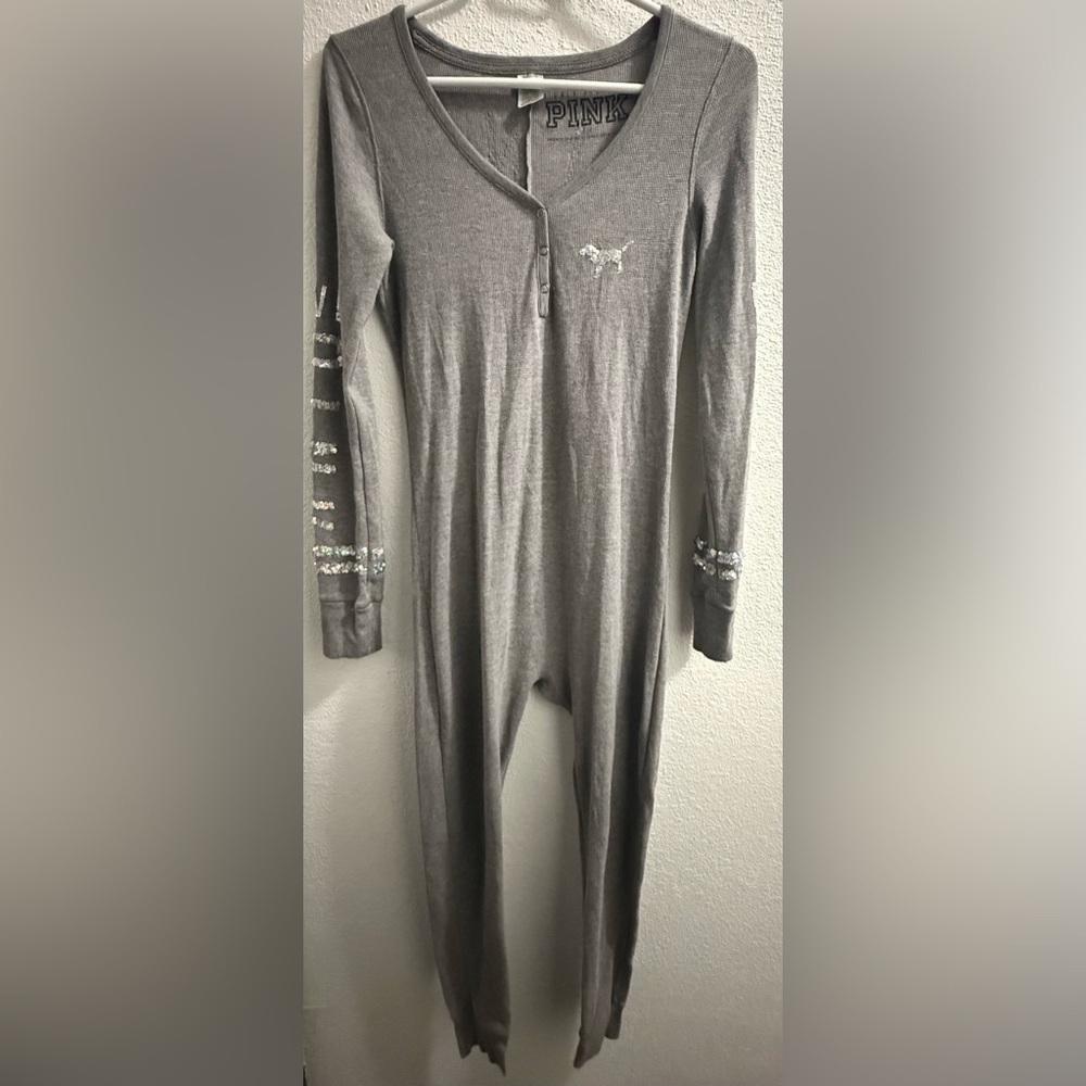 Victoria Secret Pink Sequin Thermal Long Romper One Piece Open Butt Pj’s Sz S